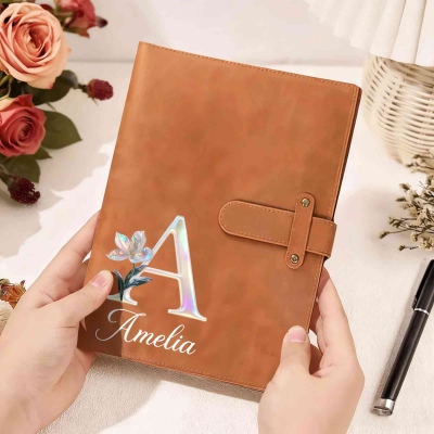 Personalized Name Mother of Pearl Effect Initial Birth Flower Leather Notebook & Cover, Traveler's Notebook Sketch Pad Case, Gift for Artists/Women