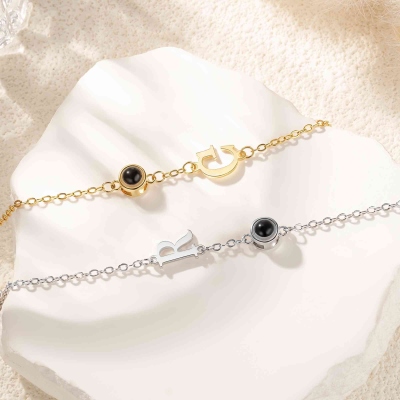 Personalized Photo Projection Bracelet with Initial Charm, Custom Picture Memorial Jewelry, Anniversary/Birthday/Christmas Gift for Bestie/Mom/Her