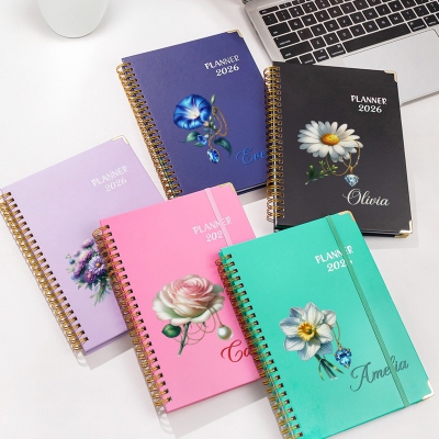 Personalized Gemstone Birth Flower Planner with Name, A5 Spiral Notebook with Elastic Band & Weekly Planner Pages, Birthday/Christmas Gift for Women