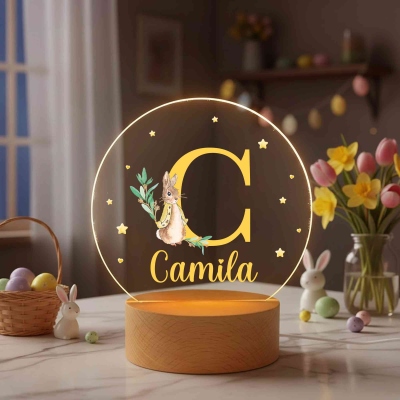 Personalized Name Peter Rabbit Alphabet LED Night Light, Acrylic Night Lamp with Wooden Base, Nursery Bedroom Decor, Easter Gift for Kids/Boys/Girls