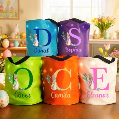 Custom Name & Initial Peter Rabbit LED Light Up Bucket Bag, Easter Egg Hunt Basket, Easter Goodie Bag Party Favor, Easter Gift for Kids/Boys/Girls