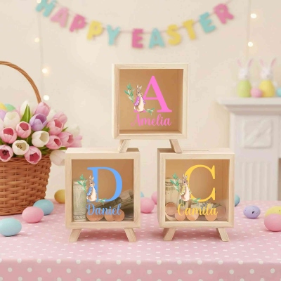 Personalized Cartoon Peter Rabbit Alphabet Piggy Bank with Name, Wooden Clear Window Money Box Saving Bank, Birthday/Easter Gift for Kids/Boys/Girls