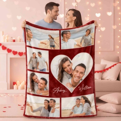 Custom Photos & Names Couple's Blanket, Flannel/Sherpa Soft Bed Couch Throw, Home Decor, Anniversary/Valentine's Day/Wedding Gift for Couple/Newlyweds