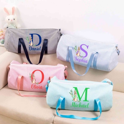 Personalized Name Peter Rabbit Bunny Alphabet Mini Seersucker Duffle Bag, Kids' Overnight Bag, Children's Day/Birthday/Easter Gift for Kids/Boys/Girls