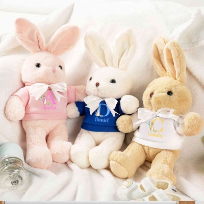 Personalized Name Peter Rabbit Alphabet Design Bow Bunny Doll Toy, Soft Stuffed Plush Rabbit, Baby Shower/Easter/Birthday Gift for Newborns/Kids