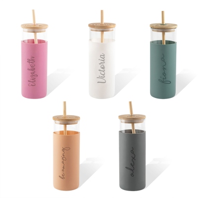 Personalized Glass Tumbler with Straw Ice Coffee Tumbler Glass Tumbler with Bamboo Lid, Glass Tumbler with Silicone Sleeve