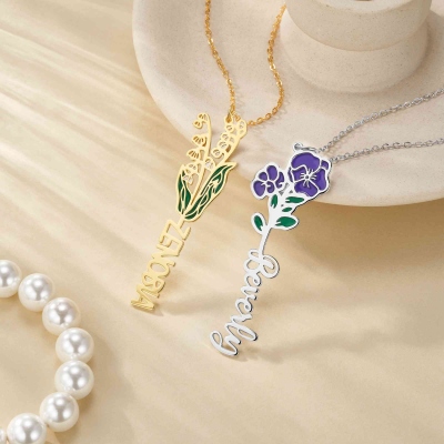 Personalized Name Enamel Birth Flower Necklace, Sterling Silver 925 Dainty Women's Floral Jewelry, Birthday/Mother's Day Gift for Her/Mom/Grandma