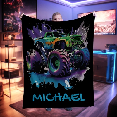 Personalized Name Monster Truck Blanket, Flannel/Sherpa Soft Bed Couch Throw, Bedroom Home Decor, Birthday/Christmas Gift for Kids/Teens/Boys