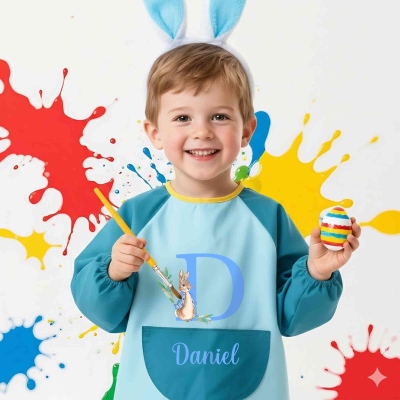 Custom Name Peter Rabbit Bunny Alphabet Waterproof Long Sleeve Kids' Painting Apron, Children's Art Smock with Pocket, Birthday/Easter Gift for Kids