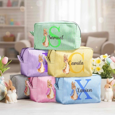 Personalized Name Peter Rabbit Bunny Alphabet Striped Makeup Bag, Travel Toiletry Pouch, Birthday/Easter/Wedding Gift for Her/Girls/Bridesmaids