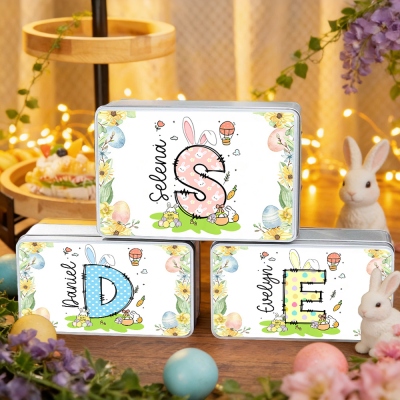 Custom Name Polka Dot Bunny Ears Alphabet Treat Tin with Lid, Biscuit Box, Tinplate Container, Easter Party Favor, Easter Gift for Kids/Boys/Girls
