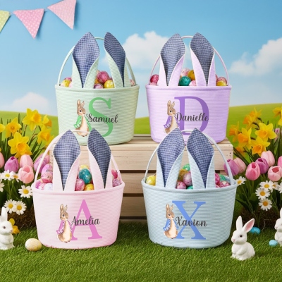 Custom Name Peter Rabbit Alphabet Easter Basket with Bunny Ears, Easter Egg Hunt Basket, Seersucker Easter Goodie Bag, Easter Gift for Kids/Boys/Girls