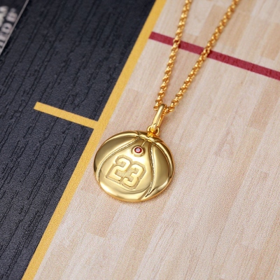 Engraved Basketball Necklace with Number and Birthstone in Gold