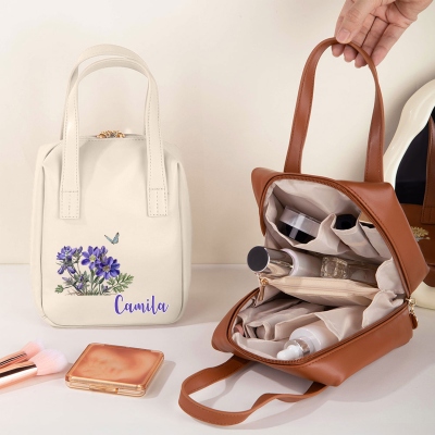 Custom Name Watercolor Birth Flower Portable PU Leather Makeup Bag with Handle, Travel Accessories, Birthday/Wedding Gift for Her/Bridesmaids/Women