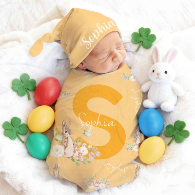 Custom Name Peter Rabbit Bunny Alphabet Receiving Blanket with Hat, Swaddle & Hat Set for Baby Girl Boy, Birthday/Baby Shower/Easter Gift for Newborns
