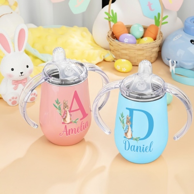 Custom Name Peter Rabbit Bunny Alphabet Sippy Cup, 10oz Insulated Egg-Shaped Water Cup with Handles & Lid, Birthday/Easter Gift for Kids/Toddlers