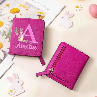 Personalized Peter Rabbit Bunny Alphabet Mini Wallet with Name, PU Leather Portable Card Holder Coin Purse, Birthday/Easter Gift for Kids/Girls