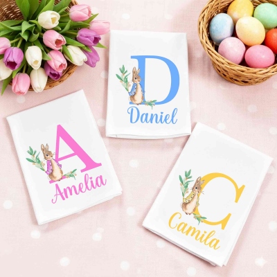 Custom Name Peter Rabbit Bunny Alphabet Linen Napkin, Easter Party Dinner Napkin, Easter Table Decor, Housewarming/Easter Gift for Hostess/Mom/Family