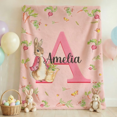 Personalized Name Peter Rabbit Bunny Alphabet Blanket, Flannel/Sherpa Bed Couch Throw, Nursery Home Decor, Birthday/Easter Gift for Newborns/Kids