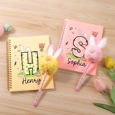Personalized Name Polka Dot Bunny Ears Alphabet Spiral Notebook with Pom Pom Pen, Easter Notebook & Pen Set, Easter Party Favor, Easter Gift for Kids