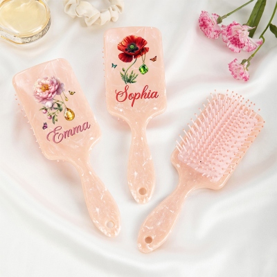 Custom Name Gemstone Birth Flower Hair Brush, Floral Detangling Brush, Bridal Shower Favor, Birthday/Mother's Day/Wedding Gift for Her/Mom/Bridesmaids