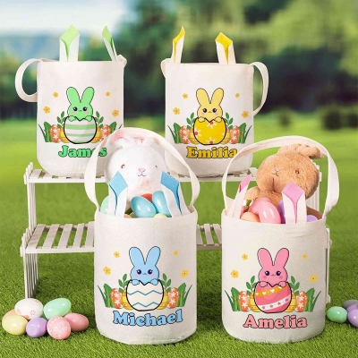 Personalized Name Cracked Egg Bunny Bucket Bag with Ears, Easter Egg Hunt Basket, Cotton Linen Easter Goodie Bag, Easter Gift for Kids/Boys/Girls