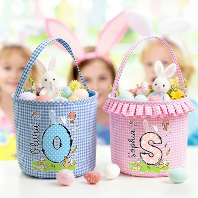 Personalized Name Polka Dot Bunny Ears Alphabet Gingham Easter Basket with Ruffle, Multicolor Easter Treat Bag, Easter Gift for Kids/Boys/Girls