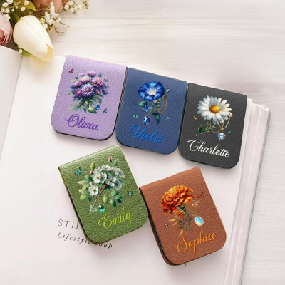 Custom Name Gemstone Birth Flower Leather Bookmark, Magnetic Bookmark Clip, Book Accessory, Birthday/Christmas Gift for Book Lovers/Readers/Women