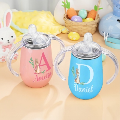 Custom Name Peter Rabbit Bunny Alphabet Sippy Cup, 10oz Insulated Egg-Shaped Water Cup with Handles & Lid, Birthday/Easter Gift for Kids/Toddlers