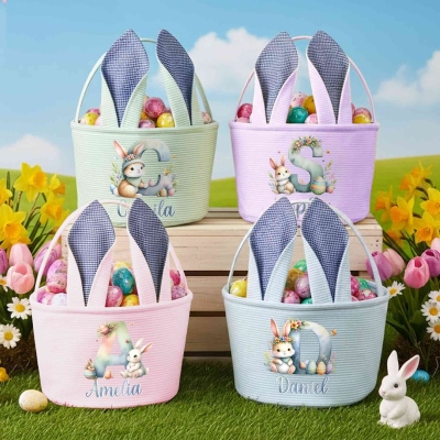Custom Name Cute Rabbit Alphabet Easter Basket with Bunny Ears, Easter Egg Hunt Basket, Seersucker Easter Goodie Bag, Easter Gift for Kids/Boys/Girls