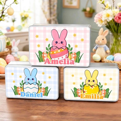 Personalized Name Cracked Egg Bunny Easter Treat Tin with Lid, Biscuit Box, Tinplate Container, Easter Party Favor, Easter Gift for Kids/Boys/Girls