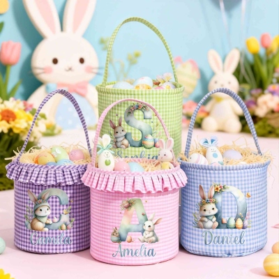Personalized Name Cute Bunny Alphabet Gingham Easter Basket with Ruffle, Multicolor Easter Treat Bag, Easter Party Favor, Easter Gift for Kids