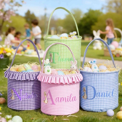 Personalized Name Cartoon Peter Rabbit Bunny Gingham Easter Basket with Ruffle, Multicolor Easter Treat Bag, Easter Party Favor, Easter Gift for Kids