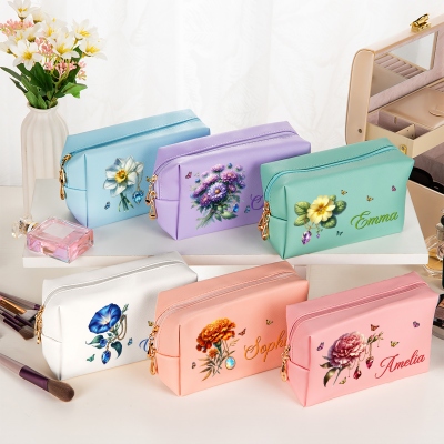 Personalized Name Gemstone Birth Flower Makeup Bag, PU Leather Toiletry Bag with Zipper, Travel Essential, Birthday/Wedding Gift for Women/Bridesmaids