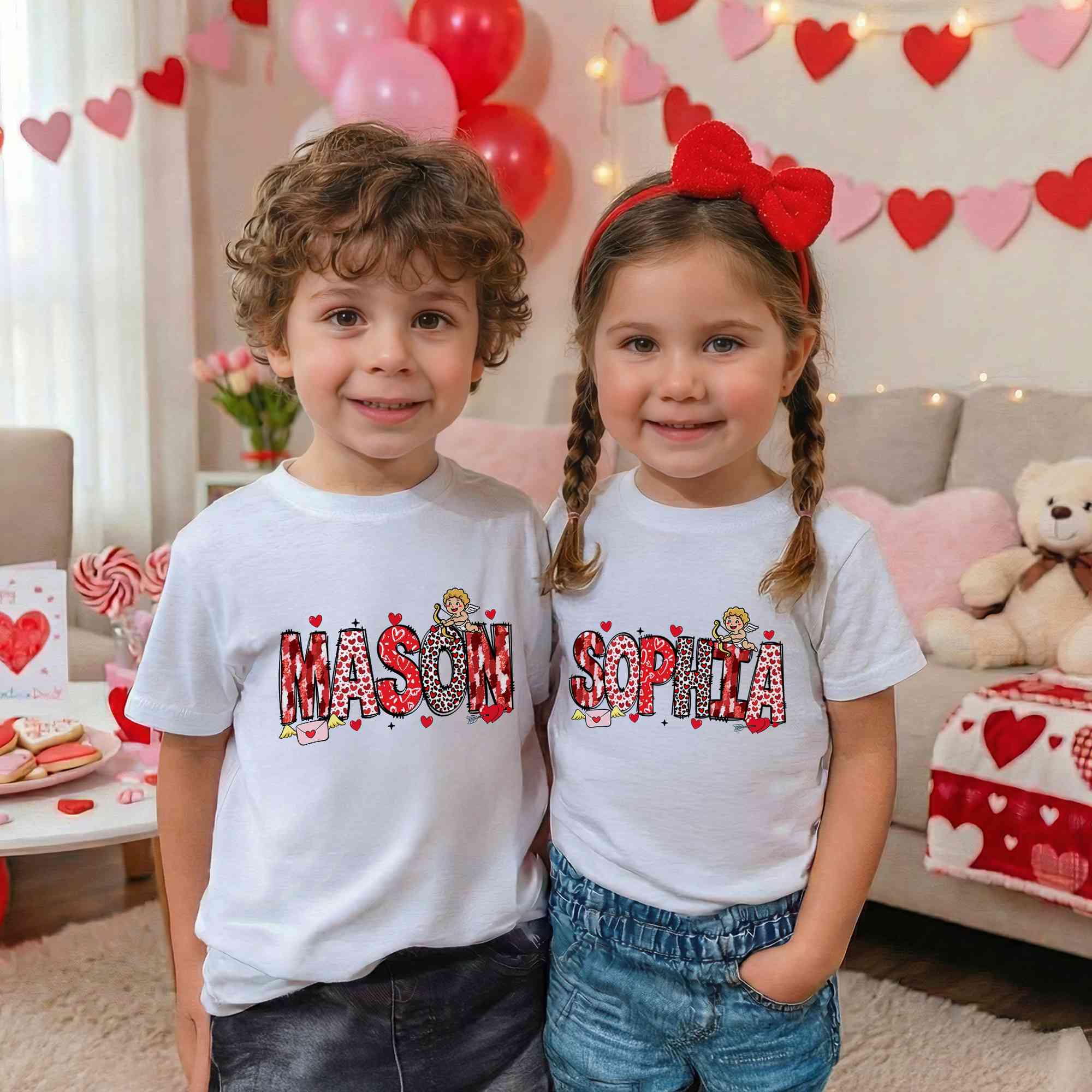 Personalized Name Red Heart Alphabet Valentine's Day Shirt, Unisex T-Shirt/Sweatshirt for Adults & Kids, Valentine's Day Gift for Kids/Couples