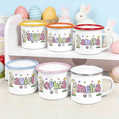 Personalized Name Easter Egg Polka Dot Alphabet Enamel Mug, 12oz Cup with Handle, Tin Camping Mug, Easter Party Favor, Easter Gift for Kids/Boys/Girls