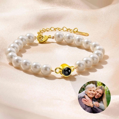 Personalized Photo Projection Pearl Bracelet, Picture Inside Adjustable Bracelet, Birthday/Mother's Day/Anniversary Gift for Her/Mom/Couple/BFF