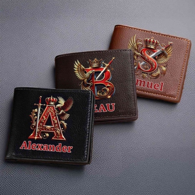 Custom Name Eagle & Sword Crown Alphabet Wallet, Men's Leather Wallet, Travel Accessory, Father's Day/Birthday/Anniversary Gift for Dad/Grandpa/Him