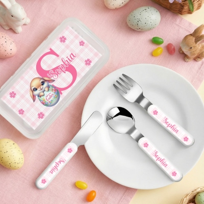 Custom Name Cracked Egg Animal Alphabet Cutlery Set with Box, Food Grade Stainless Steel Knife, Fork & Spoon Set, Easter Gift for Kids/Boys/Girls