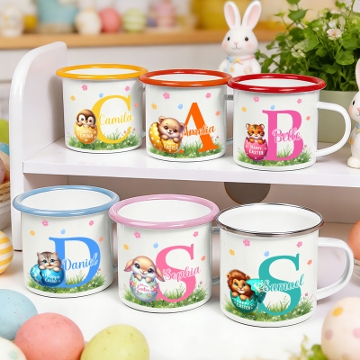 Personalized Name Cracked Egg Animal Alphabet Enamel Mug, 12oz Cup with Handle, Tin Camping Mug, Easter Party Favor, Easter Gift for Kids/Boys/Girls