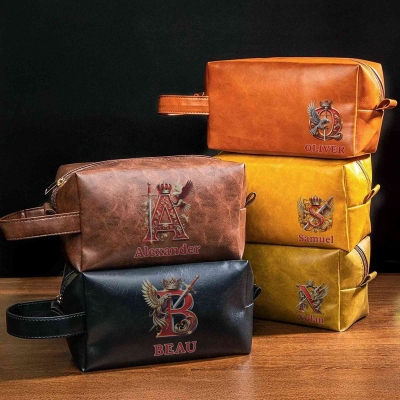 Custom Name Eagle & Sword Crown Alphabet Leather Toiletry Bag, Waterproof Men's Dopp Kit, Travel Accessory, Birthday/Father's Day Gift for Him/Dad