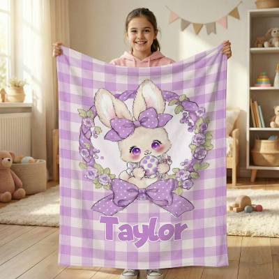 Custom Name Easter Floral Bunny Gingham Blanket, Flannel/Sherpa Bed Couch Throw, Nursery Decor, Easter/Baby Shower/Birthday Gift for Kids/Boys/Girls