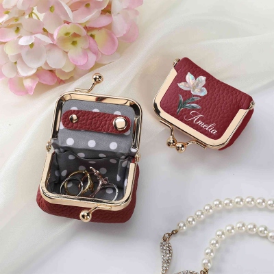 Personalized Name Mother of Pearl Effect Initial Birth Flower Kiss Lock Leather Mini Jewelry Box, Travel Essential, Birthday Gift for Her/Mom/Women