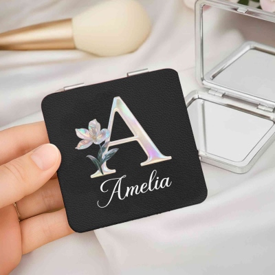 Custom Name Mother of Pearl Effect Initial Birth Flower Round/Heart/Square Makeup Mirror, 1x/2x Magnifying Dual Compact Mirror, Gift for Her/Mom/Women