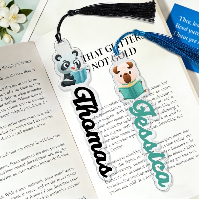 Personalized Name Cartoon Animal Bookmark with Tassel, Clear Acrylic Bookmark, Reading Accessory, Gift for Kids/Students/Book Lovers/Readers