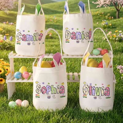 Personalized Name Easter Egg Polka Dot Alphabet Easter Basket, Cotton Linen Easter Bucket Bag with Bunny Ears, Easter Gift for Kids/Boys/Girls