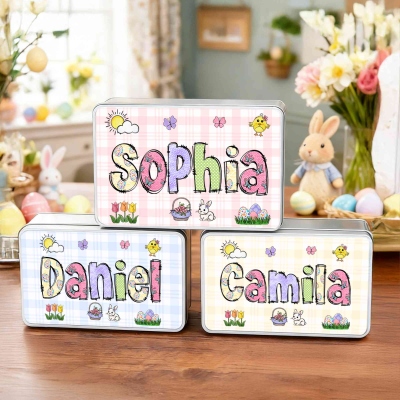 Custom Name Easter Egg Polka Dot Alphabet Easter Treat Tin with Lid, Biscuit Candy Box, Tinplate Container, Easter Party Favor, Easter Gift for Kids