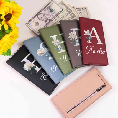 Personalized Name Mother of Pearl Effect Initial Birth Flower Bifold Clutch Wallet, RFID Blocking PU Leather Wallet Card Holder, Gift for Women