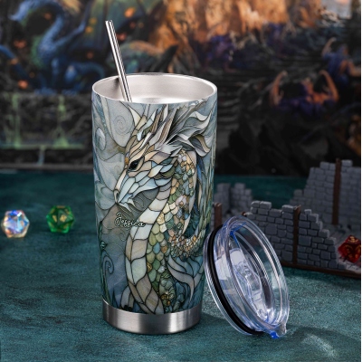 Personalized Mosaic Artistic Dragon Tumbler with Straw and Straw Cleaner, Custom Name Dragon Travel Mug, Dragon Gifts