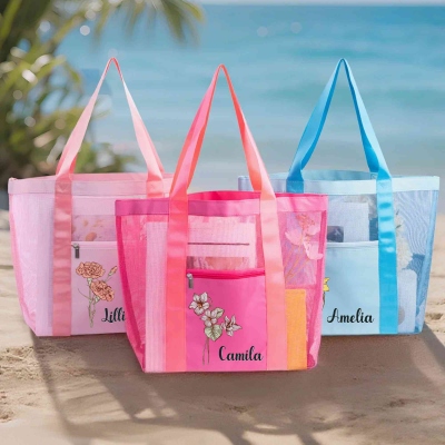 Personalized Name Birth Flower Mesh Beach Tote Bag, Summer Vacation/Pool Party Bag, Birthday/Anniversary/Mother's Day Gift for Her/Mom/Women/Girls